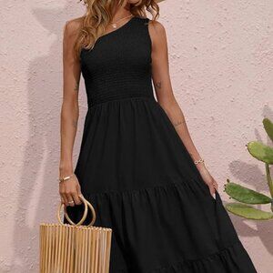 Black/Med - Women One Shoulder Summer Dress Sleeveless High Waist Flowy